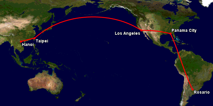 Bay từ Hà Nội đến Rosario qua Đài Bắc, Los Angeles, Panama City