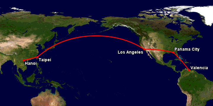 Bay từ Hà Nội đến Valencia Arturo qua Đài Bắc, Los Angeles, Panama City