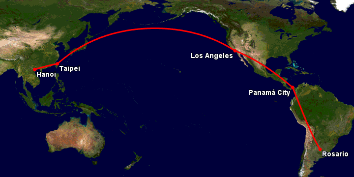 Bay từ Hà Nội đến Rosario qua Đài Bắc, Los Angeles, Panama 