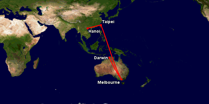 Bay từ Hà Nội đến Darwin qua Đài Bắc, Melbourne