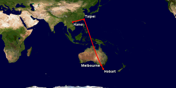 Bay từ Hà Nội đến Hobart qua Đài Bắc, Melbourne