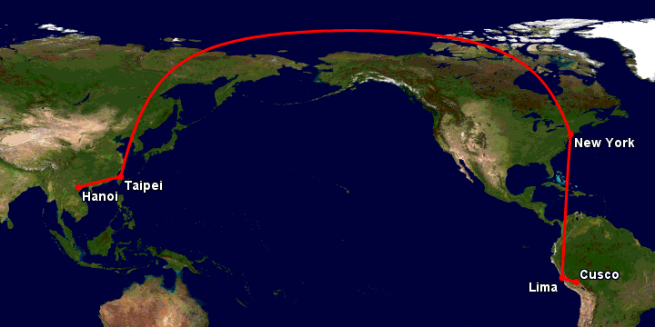 Bay từ Hà Nội đến Cuzco qua Đài Bắc, New York, Lima