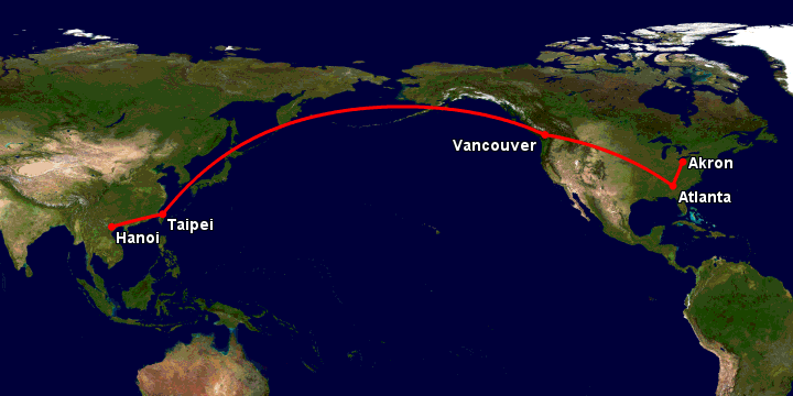 Bay từ Hà Nội đến Akron Canton qua Đài Bắc, Vancouver, Atlanta