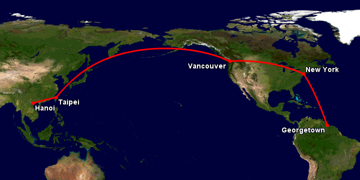 Bay từ Hà Nội đến Georgetown GY qua Đài Bắc, Vancouver, New York