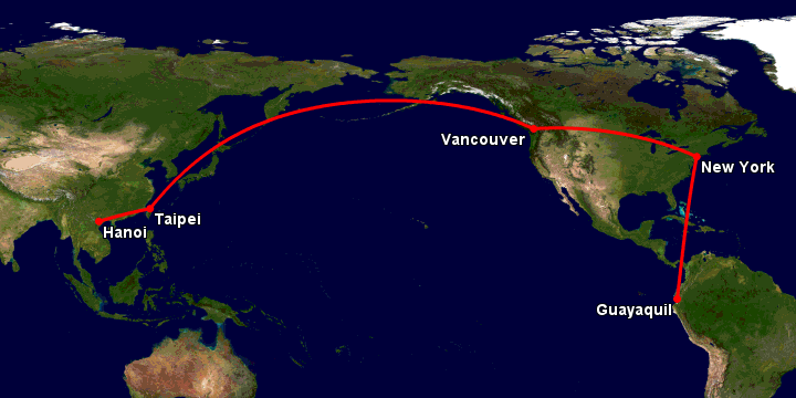 Bay từ Hà Nội đến Guayaquil qua Đài Bắc, Vancouver, New York