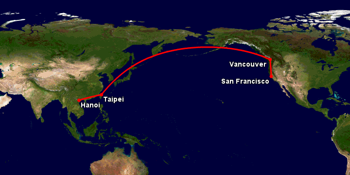 Bay từ Hà Nội đến San Francisco qua Đài Bắc, Vancouver