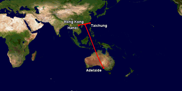 Bay từ Hà Nội đến Adelaide qua Đài Trung, Hong Kong