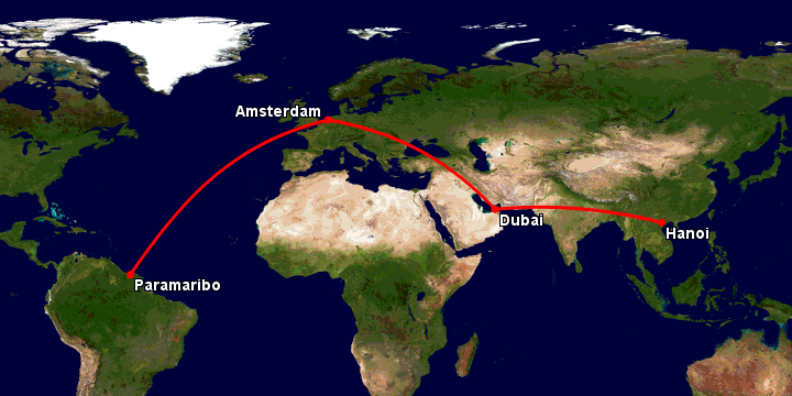 Bay từ Hà Nội đến Paramaribo qua Dubai, Amsterdam