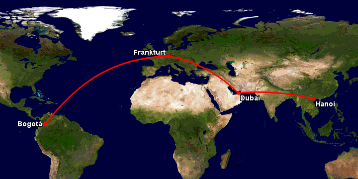 Bay từ Hà Nội đến Bogota qua Dubai, Frankfurt