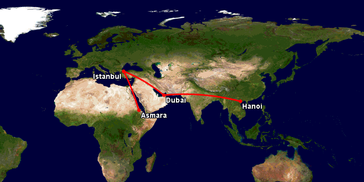 Bay từ Hà Nội đến Asmara qua Dubai, Istanbul