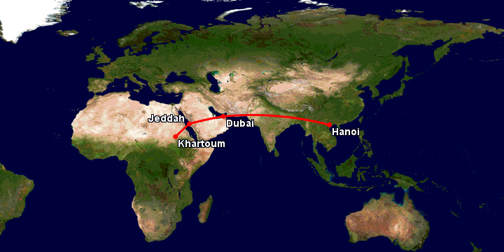 Bay từ Hà Nội đến Khartoum qua Dubai, Jeddah
