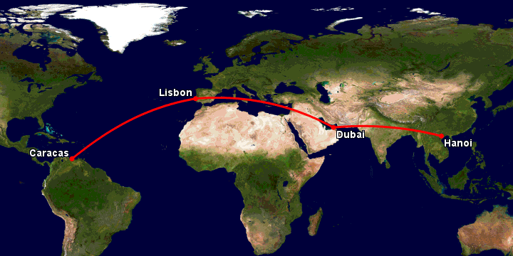 Bay từ Hà Nội đến Caracas qua Dubai, Lisbon