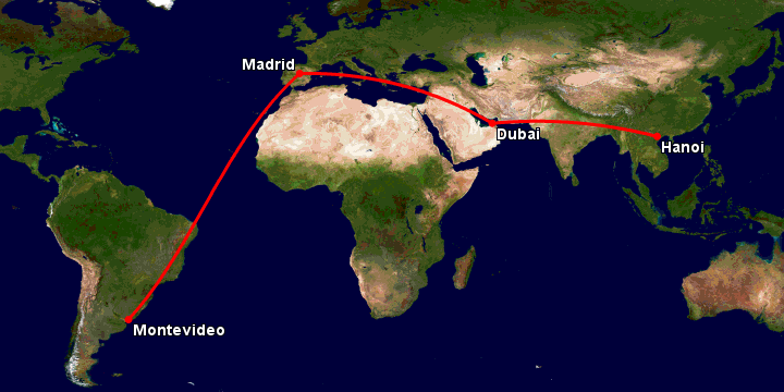 Bay từ Hà Nội đến Montevideo qua Dubai, Madrid