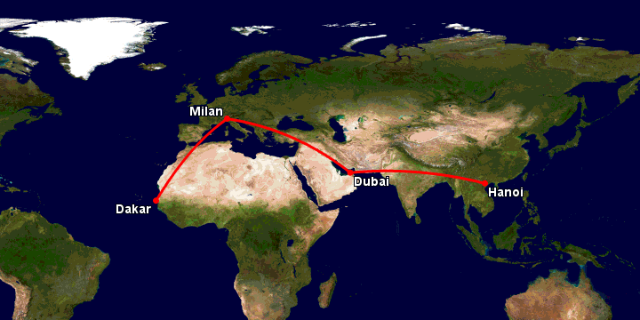 Bay từ Hà Nội đến Dakar qua Dubai, Milan