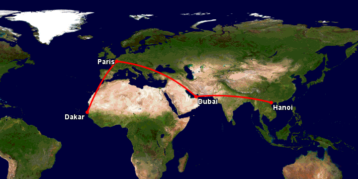 Bay từ Hà Nội đến Dakar qua Dubai, Paris
