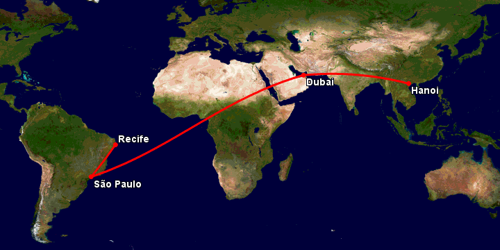 Bay từ Hà Nội đến Recife qua Dubai, Sao Paulo