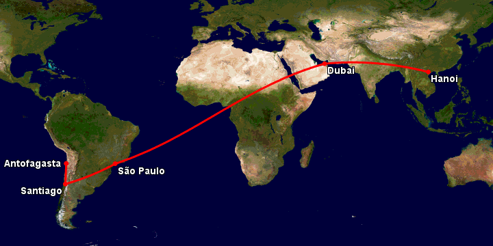 Bay từ Hà Nội đến Antofagasta qua Dubai, Sao Paulo, Santiago