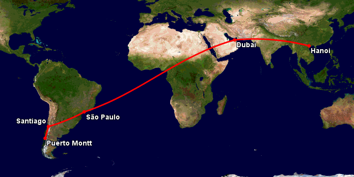 Bay từ Hà Nội đến Puerto Montt qua Dubai, Sao Paulo, Santiago