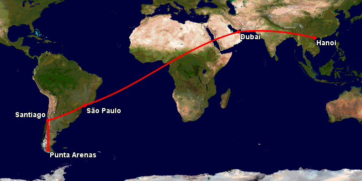 Bay từ Hà Nội đến Punta Arenas qua Dubai, Sao Paulo, Santiago