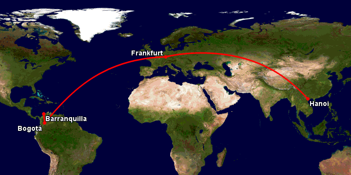 Bay từ Hà Nội đến Barranquilla qua Frankfurt, Bogotá