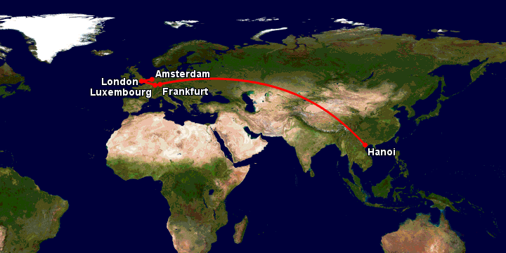 Bay từ Hà Nội đến Amsterdam qua Frankfurt, Luxembourg City, London