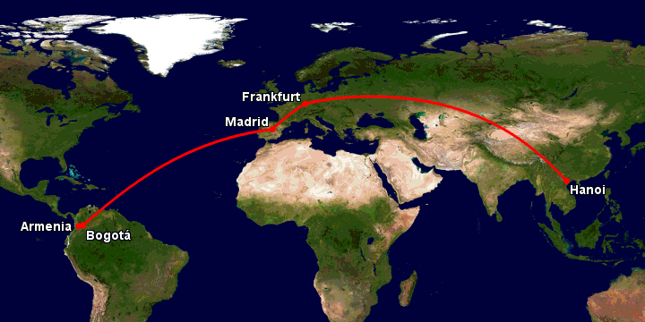 Bay từ Hà Nội đến Armenia qua Frankfurt, Madrid, Bogotá