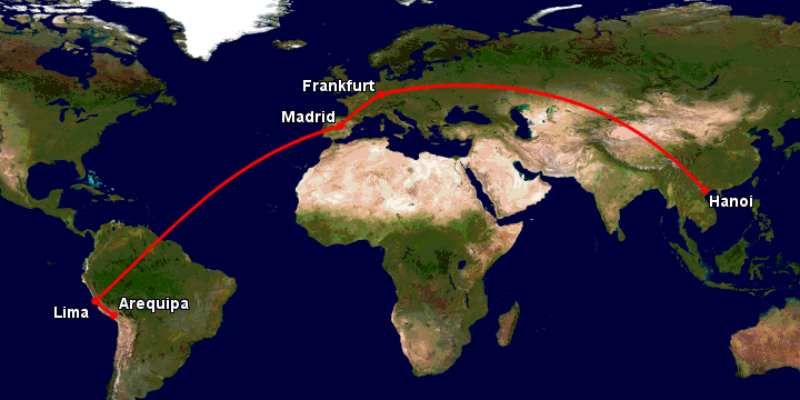 Bay từ Hà Nội đến Arequipa qua Frankfurt, Madrid, Lima