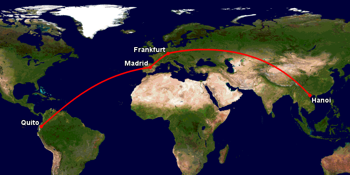 Bay từ Hà Nội đến Quito qua Frankfurt, Madrid