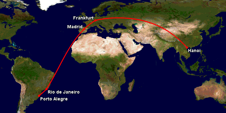 Bay từ Hà Nội đến Porto Alegre qua Frankfurt, Madrid, Rio de Janeiro