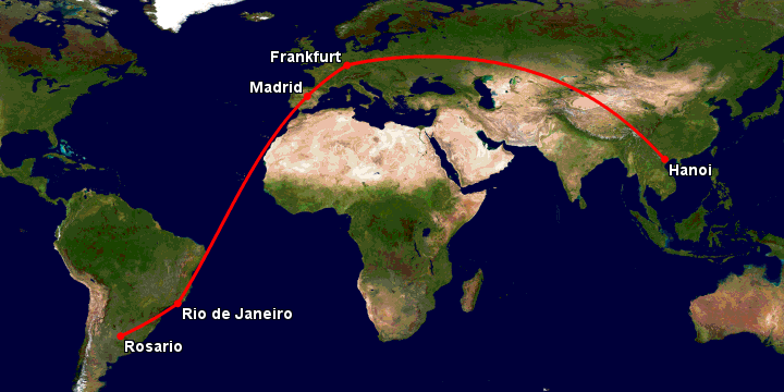 Bay từ Hà Nội đến Rosario qua Frankfurt, Madrid, Rio de Janeiro