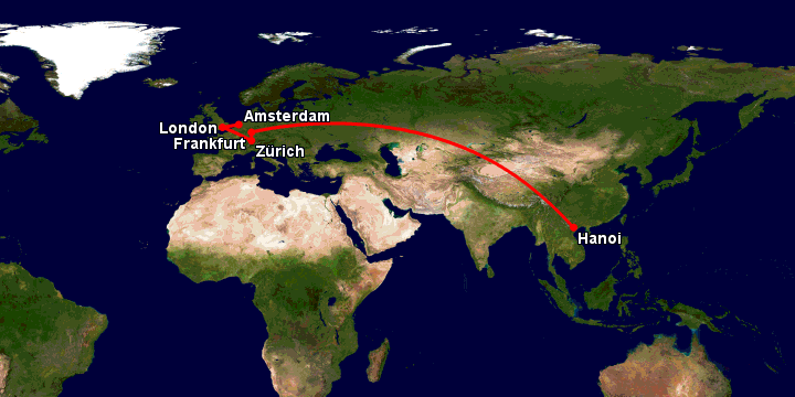 Bay từ Hà Nội đến Amsterdam qua Frankfurt, Zürich, London