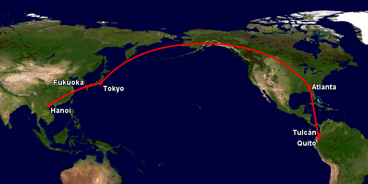 Bay từ Hà Nội đến Tulcan qua Fukuoka, Tokyo, Atlanta, Quito