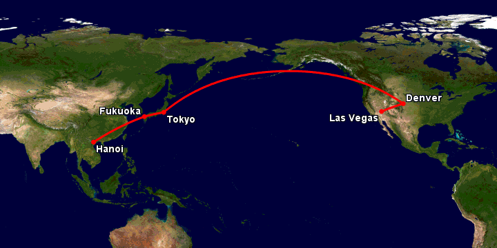 Bay từ Hà Nội đến Las Vegas qua Fukuoka, Tokyo, Denver
