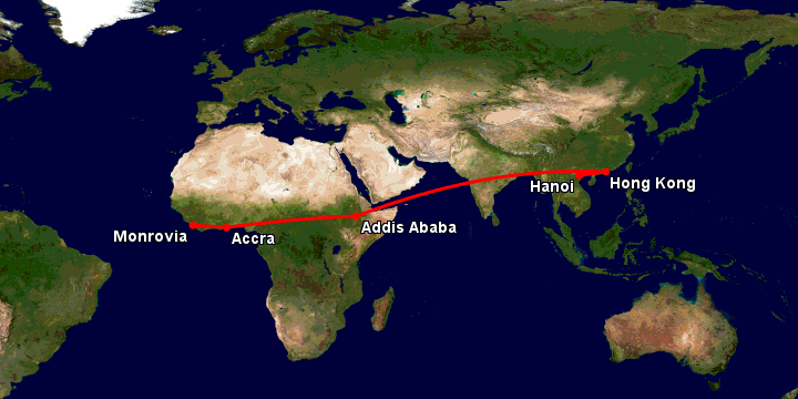 Bay từ Hà Nội đến Monrovia Rob qua Hong Kong, Addis Ababa, Accra