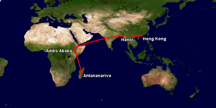 Bay từ Hà Nội đến Antananarivo qua Hong Kong, Addis Ababa