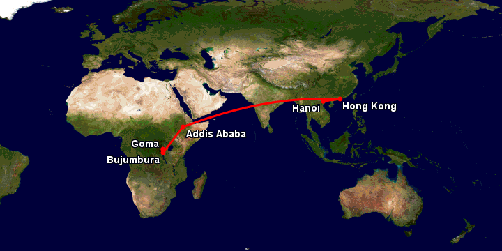 Bay từ Hà Nội đến Goma qua Hong Kong, Addis Ababa, Bujumbura