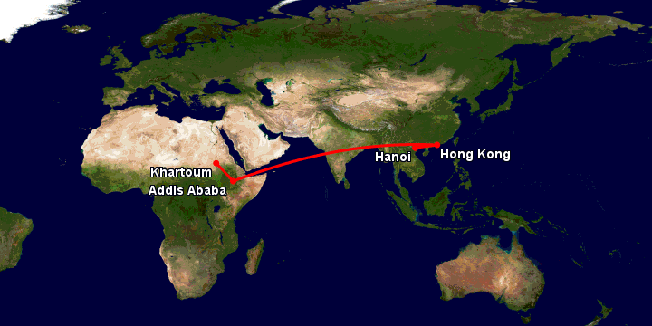 Bay từ Hà Nội đến Khartoum qua Hong Kong, Addis Ababa