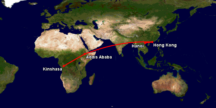 Bay từ Hà Nội đến Kinshasa Ndjili qua Hong Kong, Addis Ababa