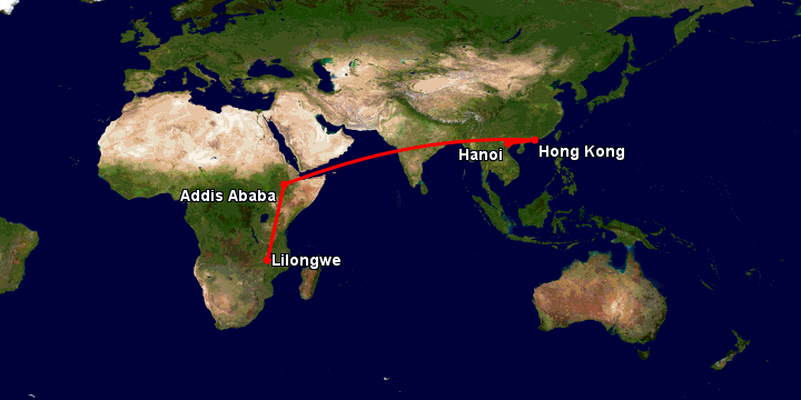 Bay từ Hà Nội đến Lilongwe qua Hong Kong, Addis Ababa