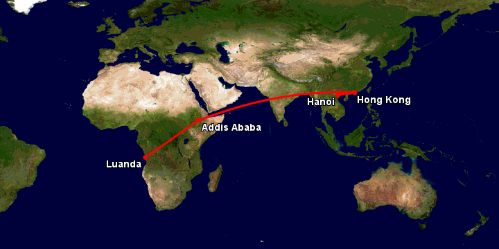Bay từ Hà Nội đến Luanda qua Hong Kong, Addis Ababa
