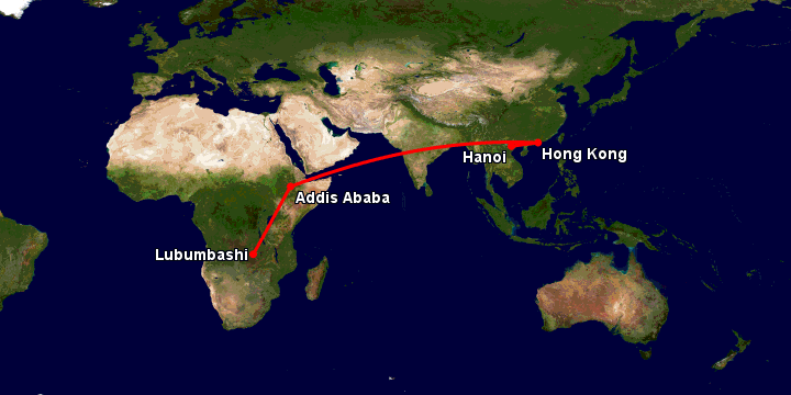 Bay từ Hà Nội đến Lubumbashi qua Hong Kong, Addis Ababa
