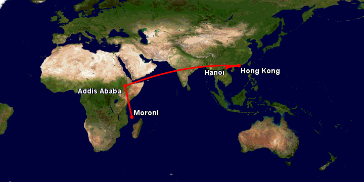 Bay từ Hà Nội đến Moroni Hahaya qua Hong Kong, Addis Ababa