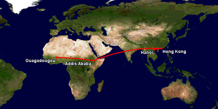 Bay từ Hà Nội đến Ouagadougou qua Hong Kong, Addis Ababa
