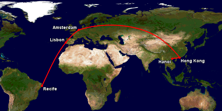 Bay từ Hà Nội đến Recife qua Hong Kong, Amsterdam, Lisbon