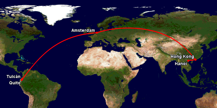 Bay từ Hà Nội đến Tulcan qua Hong Kong, Amsterdam, Quito