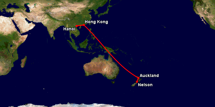 Bay từ Hà Nội đến Nelson qua Hong Kong, Auckland
