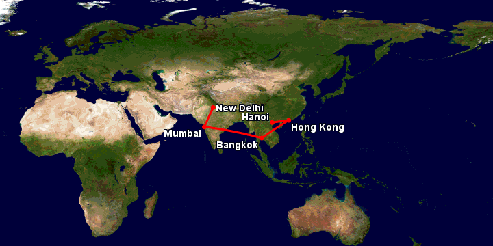 Bay từ Hà Nội đến Delhi qua Hong Kong, Bangkok, Mumbai