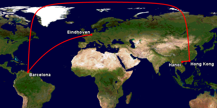 Bay từ Hà Nội đến Eindhoven qua Hong Kong, Barcelona