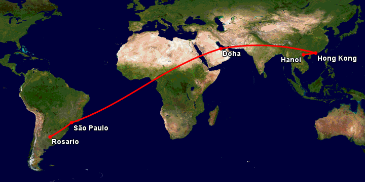 Bay từ Hà Nội đến Rosario qua Hong Kong, Doha, Sao Paulo