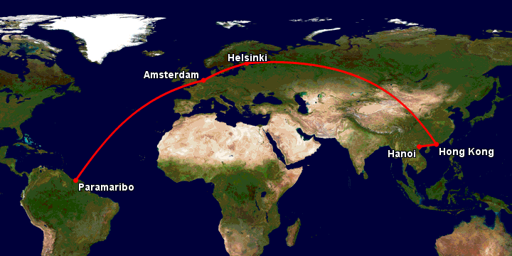 Bay từ Hà Nội đến Paramaribo qua Hong Kong, Helsinki, Amsterdam